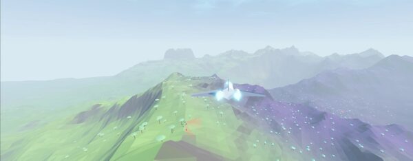 A ship flies above varied ridges where green terrain meets a purple fungal landscape.