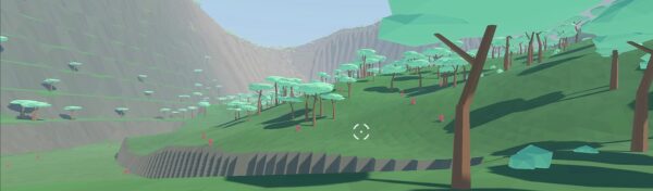 The revised Godot world at ground level, with trees growing along a valley between steep slopes.