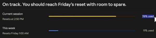 Claude usage panel showing 78 percent of the current session and 11 percent of the weekly allowance used.