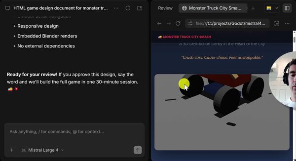 How to Make Games With Mistral 5 OpenCode displays the Monster Truck City Smash design document and an early truck concept render.
