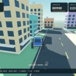 How to Make Games With Mistral 14 The Codex-rebuilt City Smash game with a monster truck, parked cars, city streets and gameplay HUD.