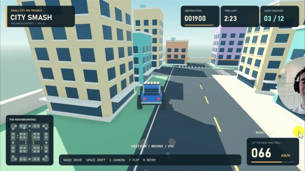 How to Make Games With Mistral 8 The Codex-rebuilt City Smash game with a monster truck, parked cars, city streets and gameplay HUD.