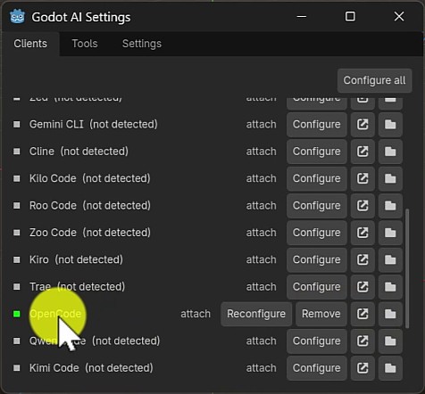 How to Make Games With Muse Wonder 4 Godot AI Settings lists coding clients and their Configure buttons.