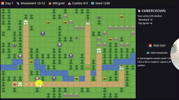 How to Make Games With Muse Wonder 7 The initial Embercrown prototype shows its full tile map, movement points, gold and army panel.