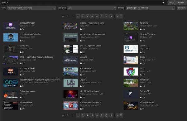 How to Make Games With Claude Opus 12 Godot Asset Store search results with the Godot AI plugin.