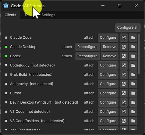 How to Make Games With Claude Opus 14 Godot AI Settings client list with separate Claude Code and Claude Desktop entries.