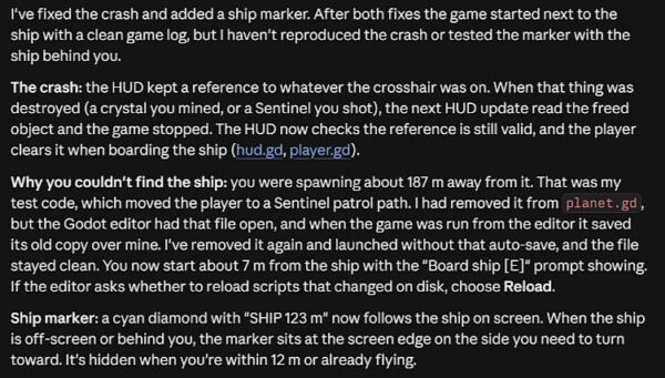 How to Make Games With Claude Opus 16 Claude response explaining the crash fix, player spawn correction, and ship marker.