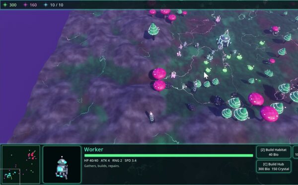 Neo-Wilds RTS gameplay with a selected worker, resources, a base and building controls.